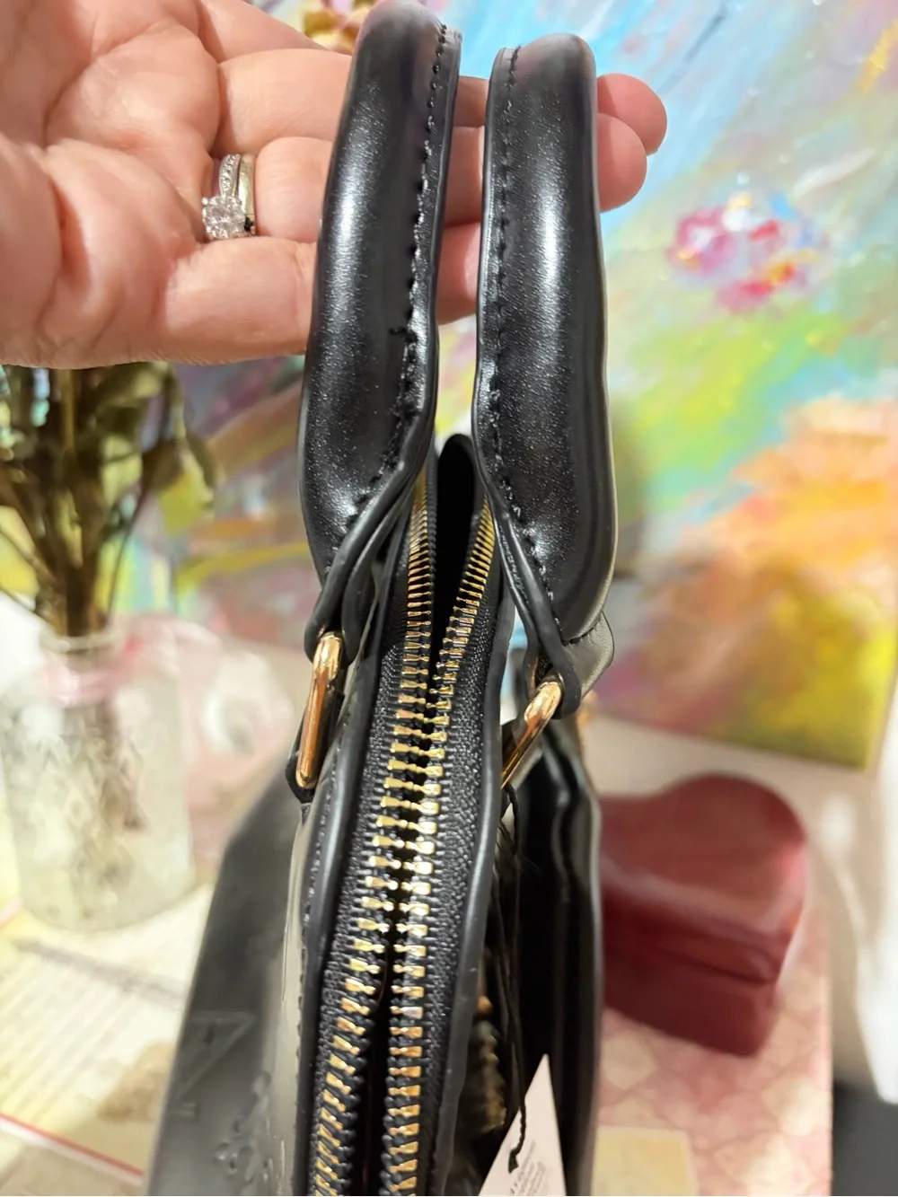 Adrienne Vittadini Black Embossed Faux Leather Dome Satchel